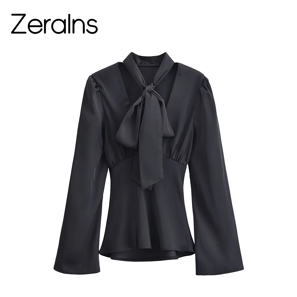 ZERAINS Winter neue Damenbekleidung, französisches Design, schmale Passform, V-Ausschnitt, langärmeliges Seidenstruktur-Schalhemd