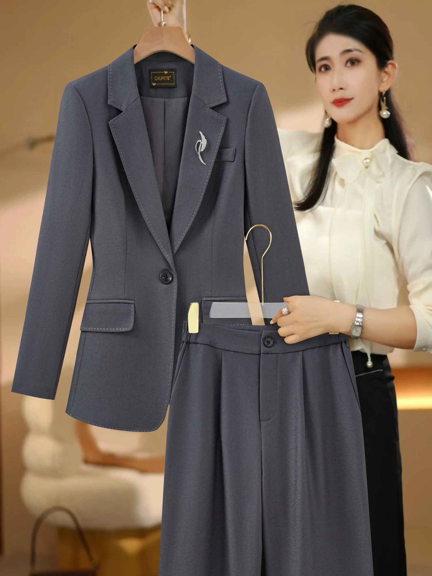 

ay Suit Set Women's Profional Career Commute Slim Fit Interview Suit Jaet Workplace Outfit Polyester Fiber Long Sve