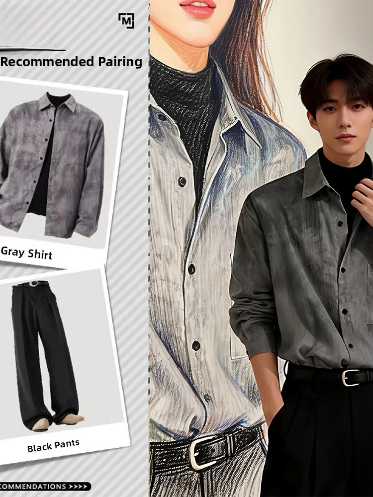 

e ey Dyed Long Sve irt Set Loose Fit Korean Sle Spring Autumn ex Faionable West Pants Whole Set