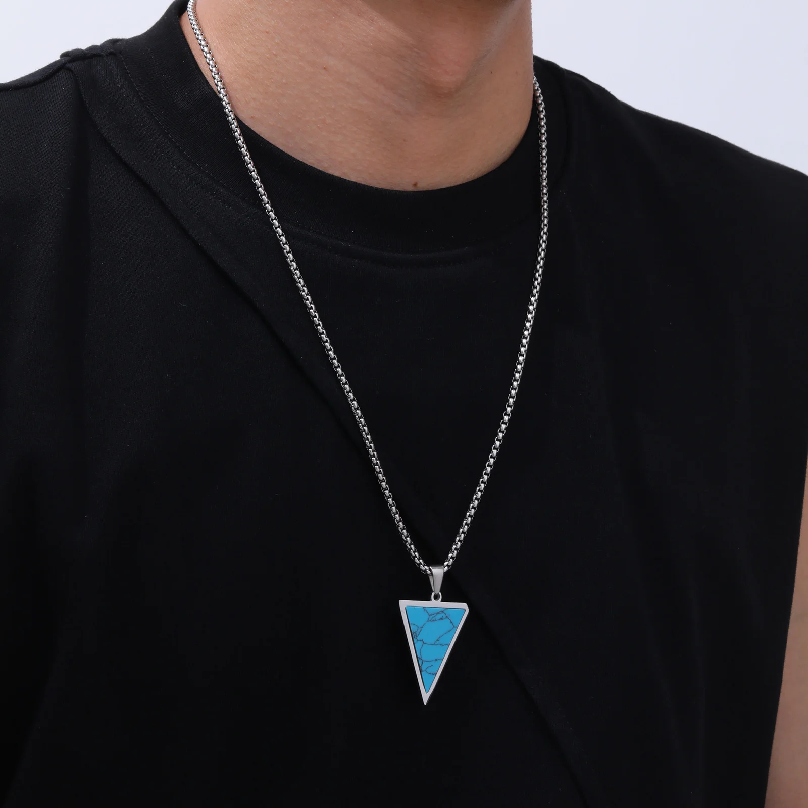 Inverted Triangle Pendant Necklace for Men Boys,Nature Stone Stainless Steel Necklaces,Hiphop Rap Man Jewelry Accessories