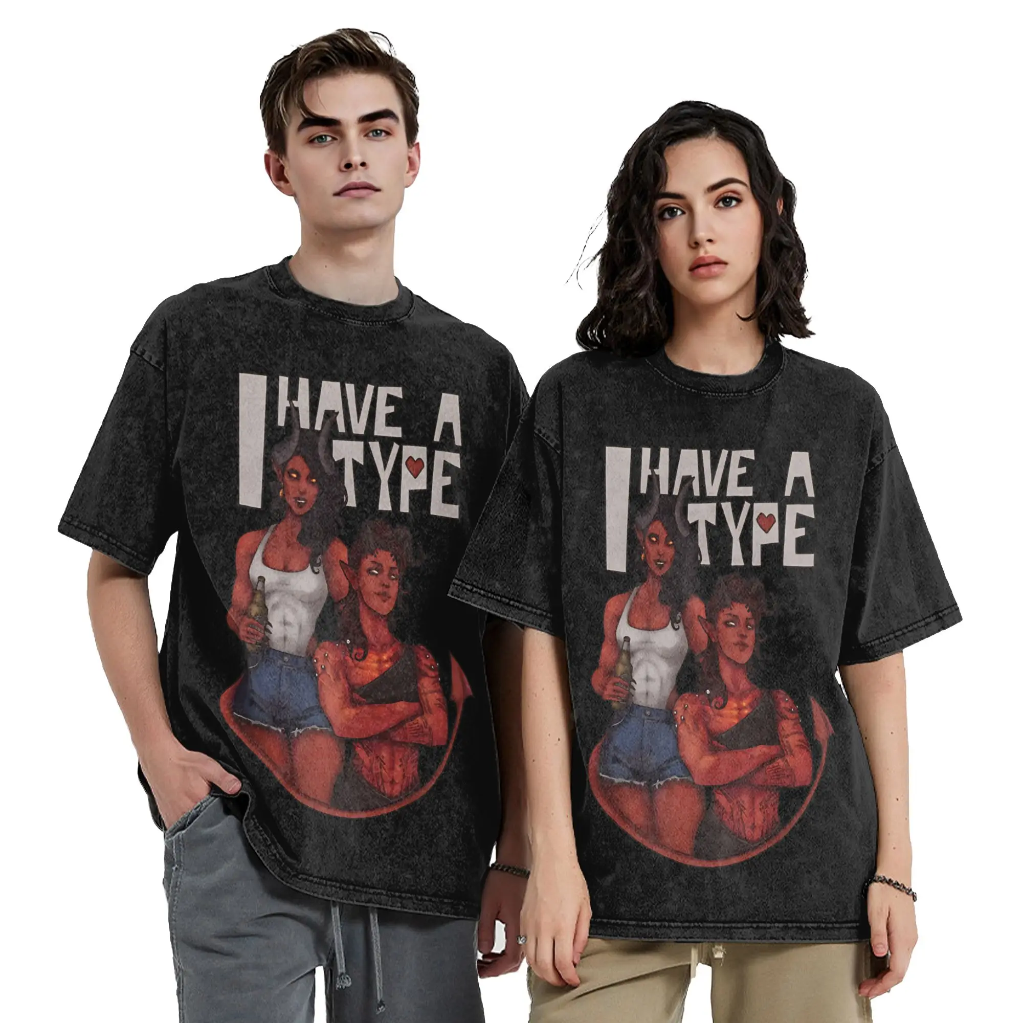 Dispatch Malevola and Karlach T Shirts Washed Cotton Oversize T-Shirts I Have a Type for Men Women Tops Streetwear Printed Tees