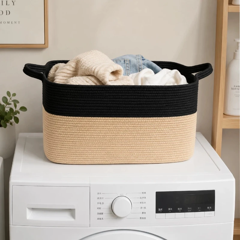 Cute Handle Laundry Baskets Black Woven Bag Sections Laundry Hamper Household Dirty Cesto Roupa Suja Bathroom Accessories