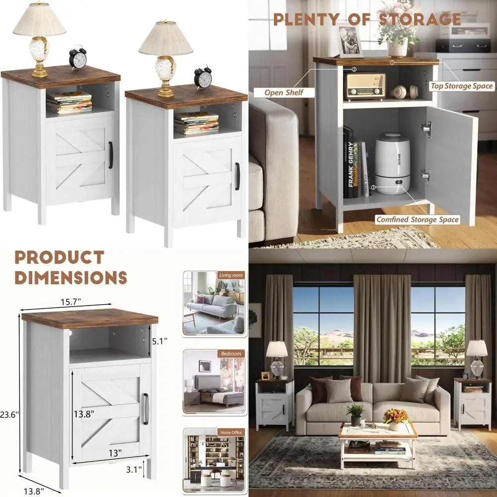 

Modern Side Tables Set of 2, Nightstand with Barn Door and Open Shelf, Bedside Table for Small Spaces, Contemporary Design