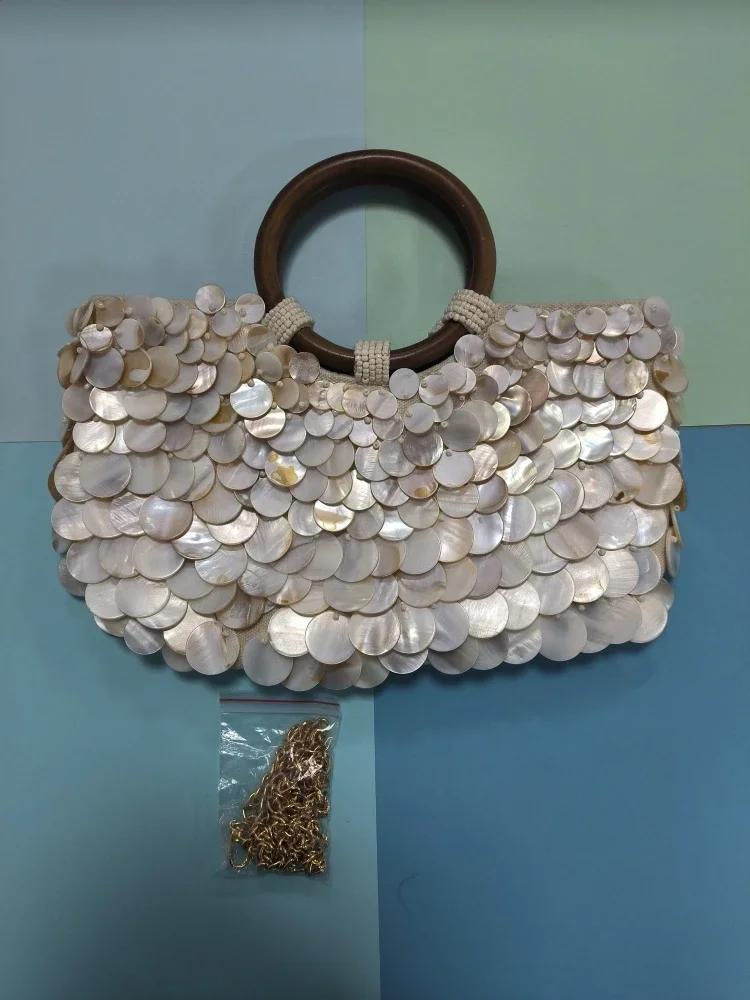 Designer Fairy Shell Handbag,Luxury Handmade Round Sequin Wooden Handle Tote Bag,Women Exquisite Beach Travel Vacation Purse