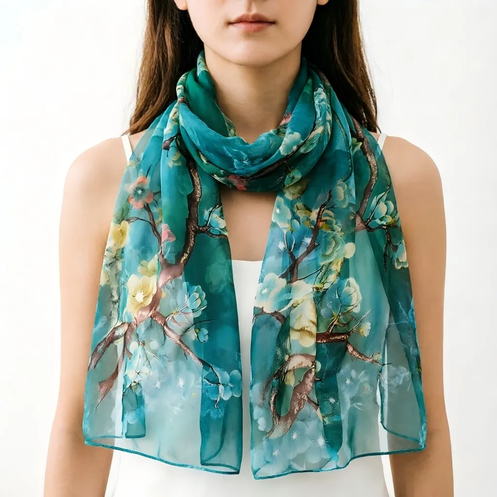 

160x50cm Plum Blossom Print Chiffon Scarf Women Lightweight Sheer Shawl Wrap Ink Wash Floral Hijab Beach Sunscreen Foulard Stole