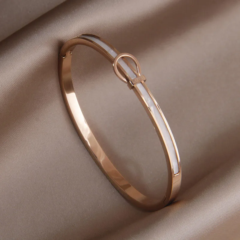 Classic Stainless Steel Metal Belt Open Bangles for Women Fashion Brand Jewelry Shell Bracelets Party Accessories Gifts image 2