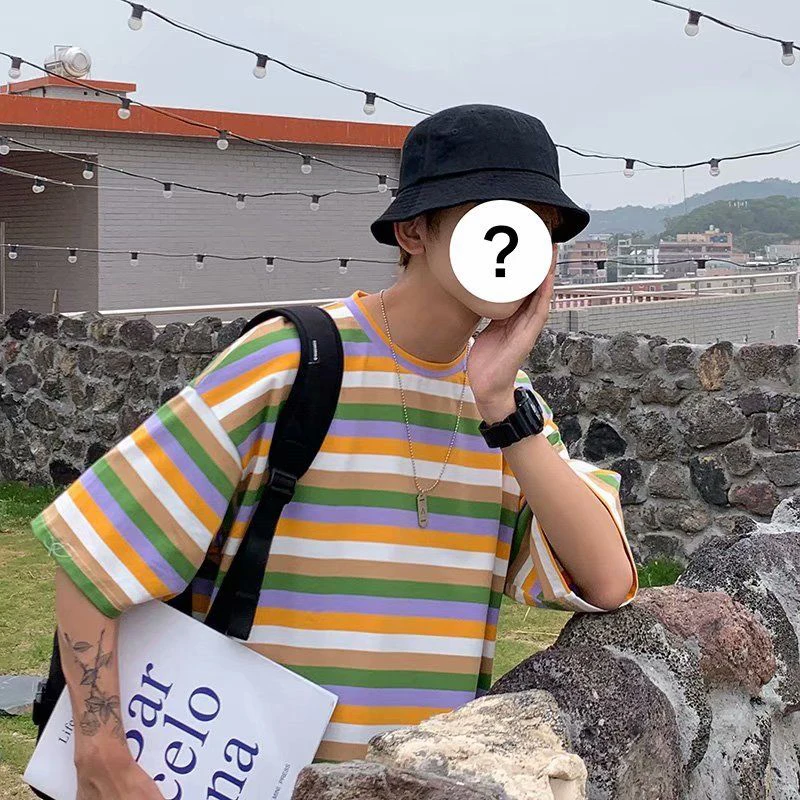 Korean Fashion Trend O Neck Short Sleeve Men Sweatshirt Summer Rainbow Striped Print Teenagers Harajuku Casual Oversized T Shirt