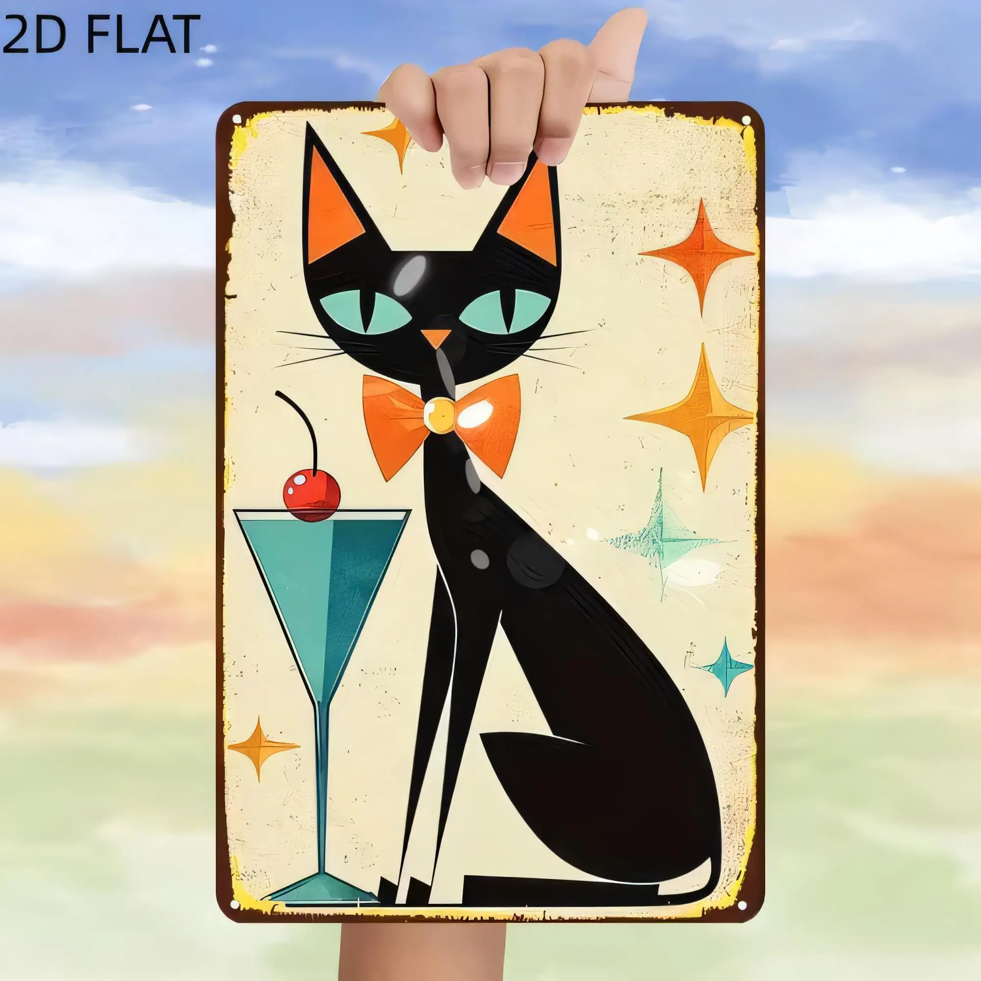 Tin Sign  Retro Cat Illustration Martini Glass Halloween Style Metal Wall Art Decor Funny Bar Pub Garage Kitchen Bedroom Poster