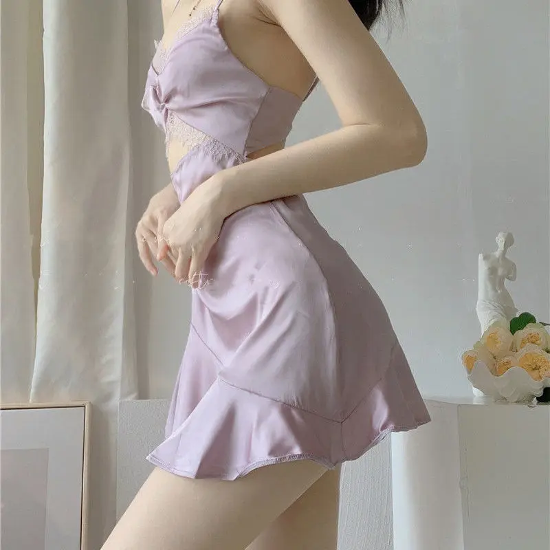 

Hollow Out Spaghetti Strap Nightgown Sexy Lace Bow Romantican Ruffles Home Dress Backless Sleepwear Charming Nightdress Lingerie