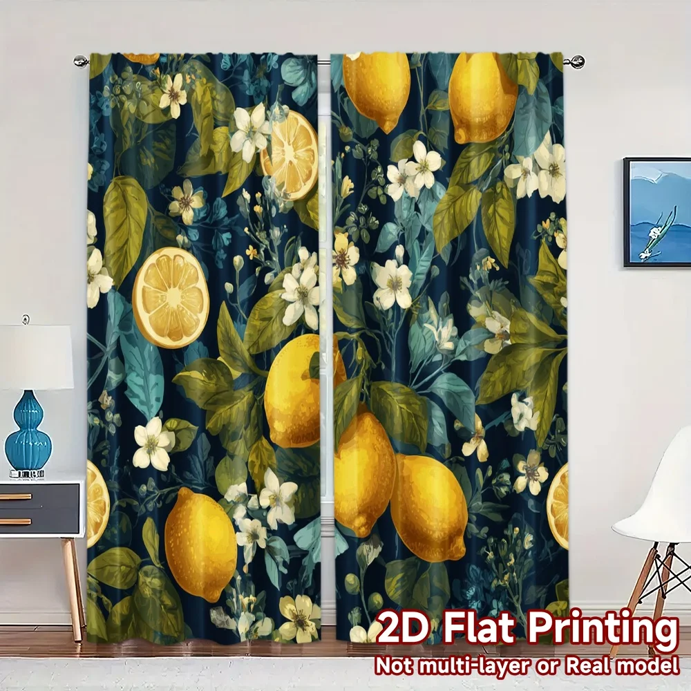 2pcs, 2D FLAT PRINTING Curtains (Without Rod) Lemon Blossoms Creative Modern Curtains Versatile Polyester Curtains Decorations