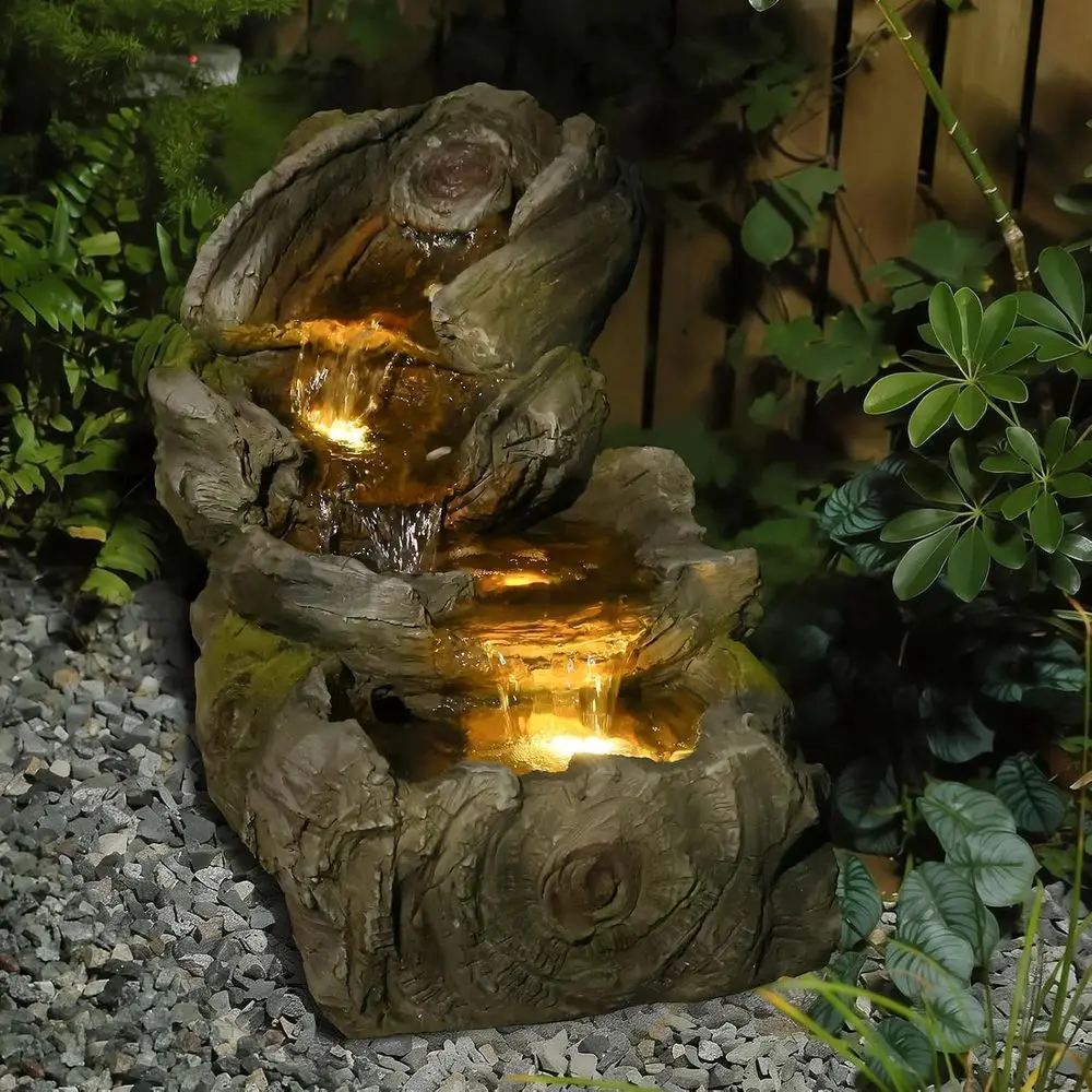 31.5 L Realistic Tree Trunk Outdoor Water Fountain with 3 Tiers | Natural Tree Trunk Design, Resin Material, Ideal for Patio Bac