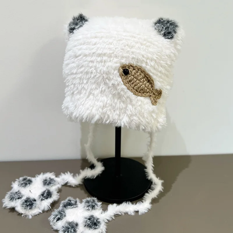 

Cute Little Fish Cat Paw Fluffy Hat for Women Autumn and Winter New Versatile Ear Protection Hat Sweet and Cute