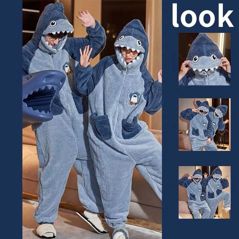 Adults Animal Onesies Pajamas Women Thicken Warm Plush Sleepwear Cosplay Cartoon Dinosaur Shark Flannel Jumpsuits Mens Clothes