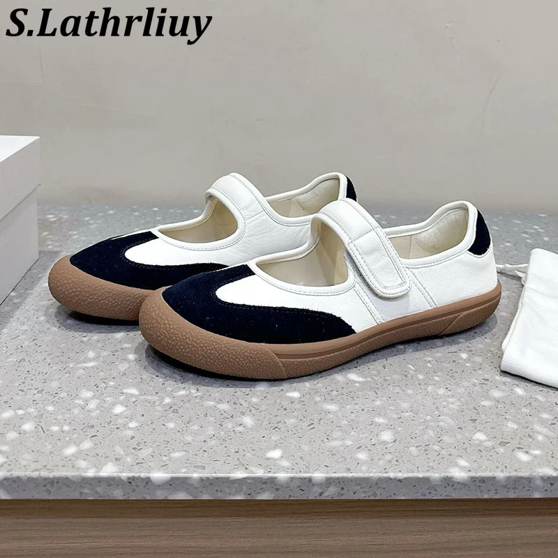 Women Flat Thick Sole Round Toe Lazy Loafers Real Leather Mixed Color Single Shoes Spring Autumn Walking Shoes Zapatos De Muje