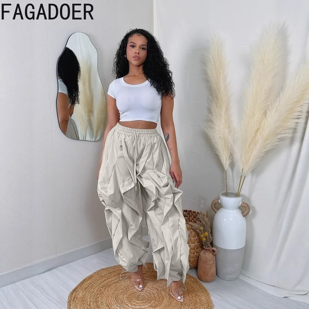 FAGADOER Casual Ruched Patchwork Lantern Sleeve Pants Women High Waist Drawstring Patchwork Pants Female Streetwear Trousers New
