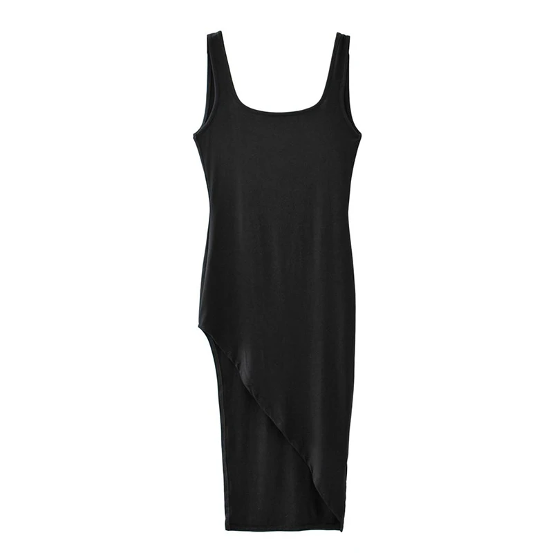 Vestido Midi negro Irregular con tirantes para mujer, Color sólido, espalda descubierta