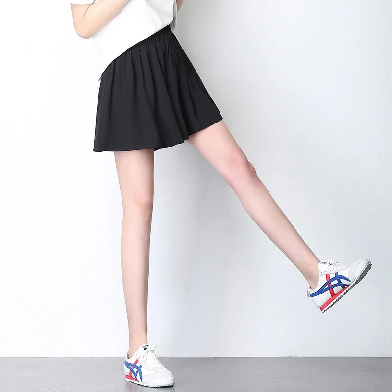 2026 المرأة الصيف الصلبة الشيفون الأسود التنانير الصغيرة مرونة الخصر تنورة قصيرة المرأة موضة عادية ألف خط سليم #1