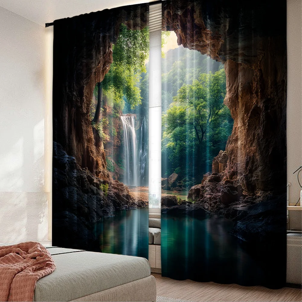 2pcs 2D flat printing Scene Curtain Cave waterfall jungle lake Polyester Without Electricity Party Decorations Use for Holiday