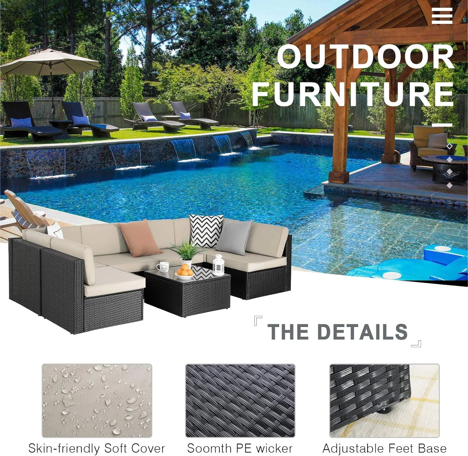 7 Pieces Outdoor Furniture Rattan Sectional Patio Sofa, Outdoor Indoor Backyard Porch Garden Poolside Balcony Wicker