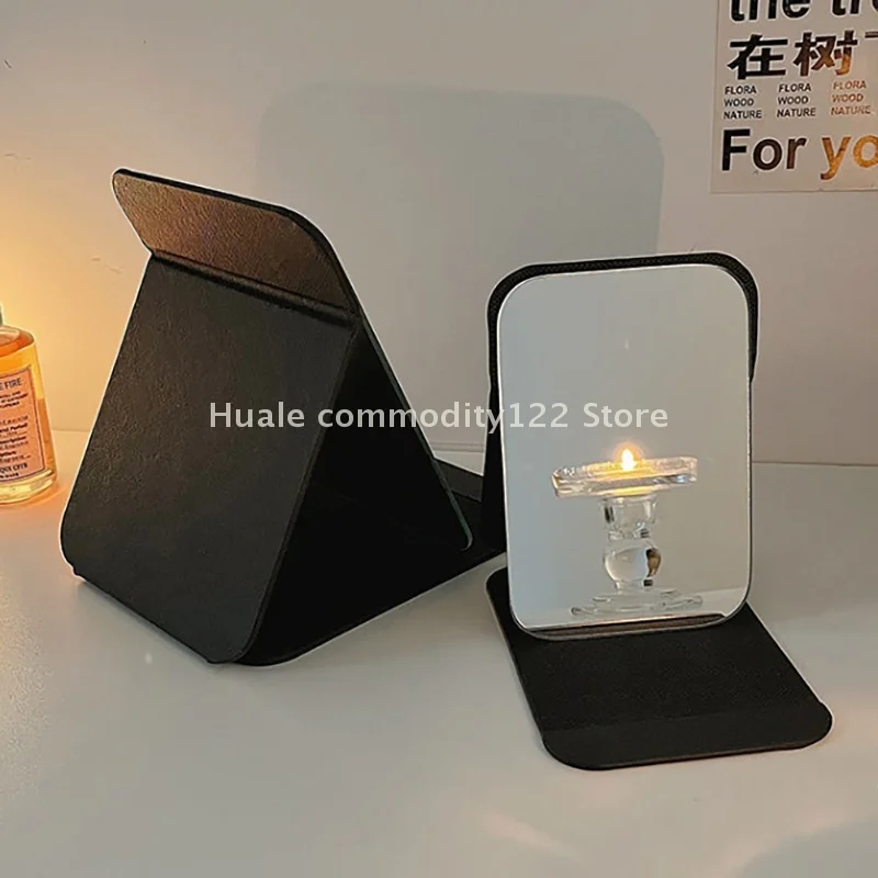 مرآة مكياج لسطح المكتب بلون سادة من جلد البولي يوريثان، مرآة بسيطة محمولة باليد، مرآة سوداء قابلة للطي للطلاب، مرآة جيب لطيفة #5