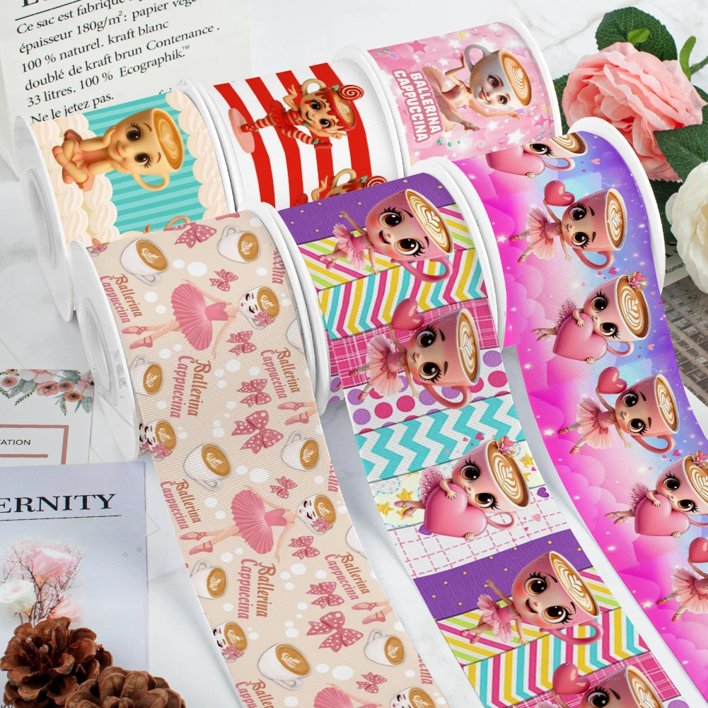 Coffee Cup Cartoon Pattern 5yards B C Grosgrain Ribbons Satin Ribbon for Cheer Bows DIY Girl Hair Bows Gift