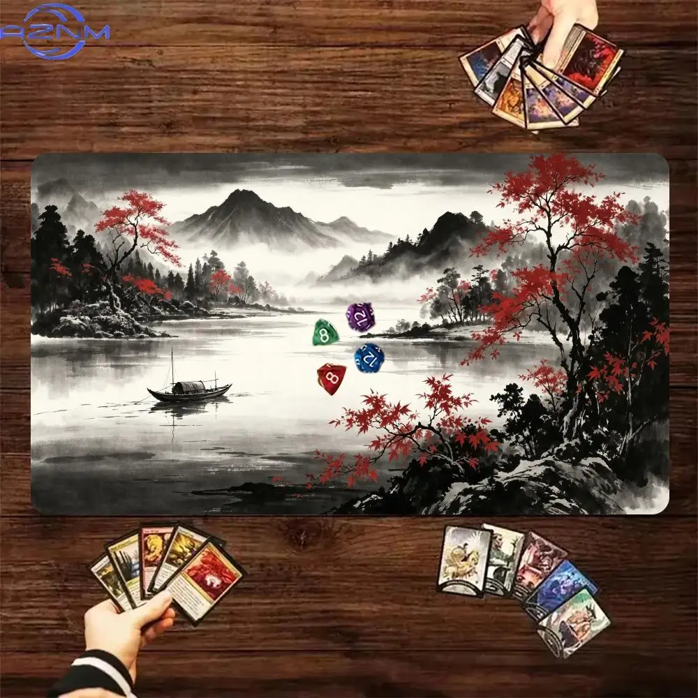 Oriental Ink Wash Mountain River Red Maple Playmat Rubber Non‑Slip TCG Card Game Mat Desk Mouse Pad