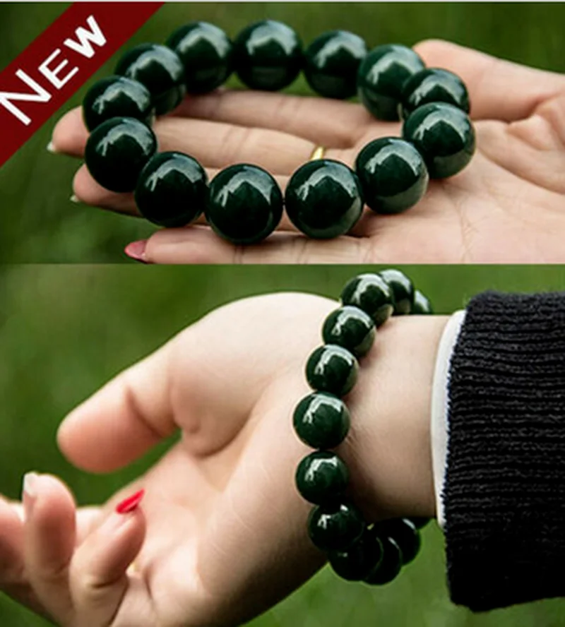 100% Genuine Natural Hetian Dark Green Jade Bead Bangle Unisex Bracelet 8~18mm