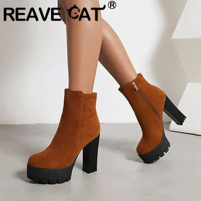 REAVE CAT Classic Short Booties Round Toe High Heel 12cm Platform 4cm Flock Suede Big Size 43 Sexy Daily Boot