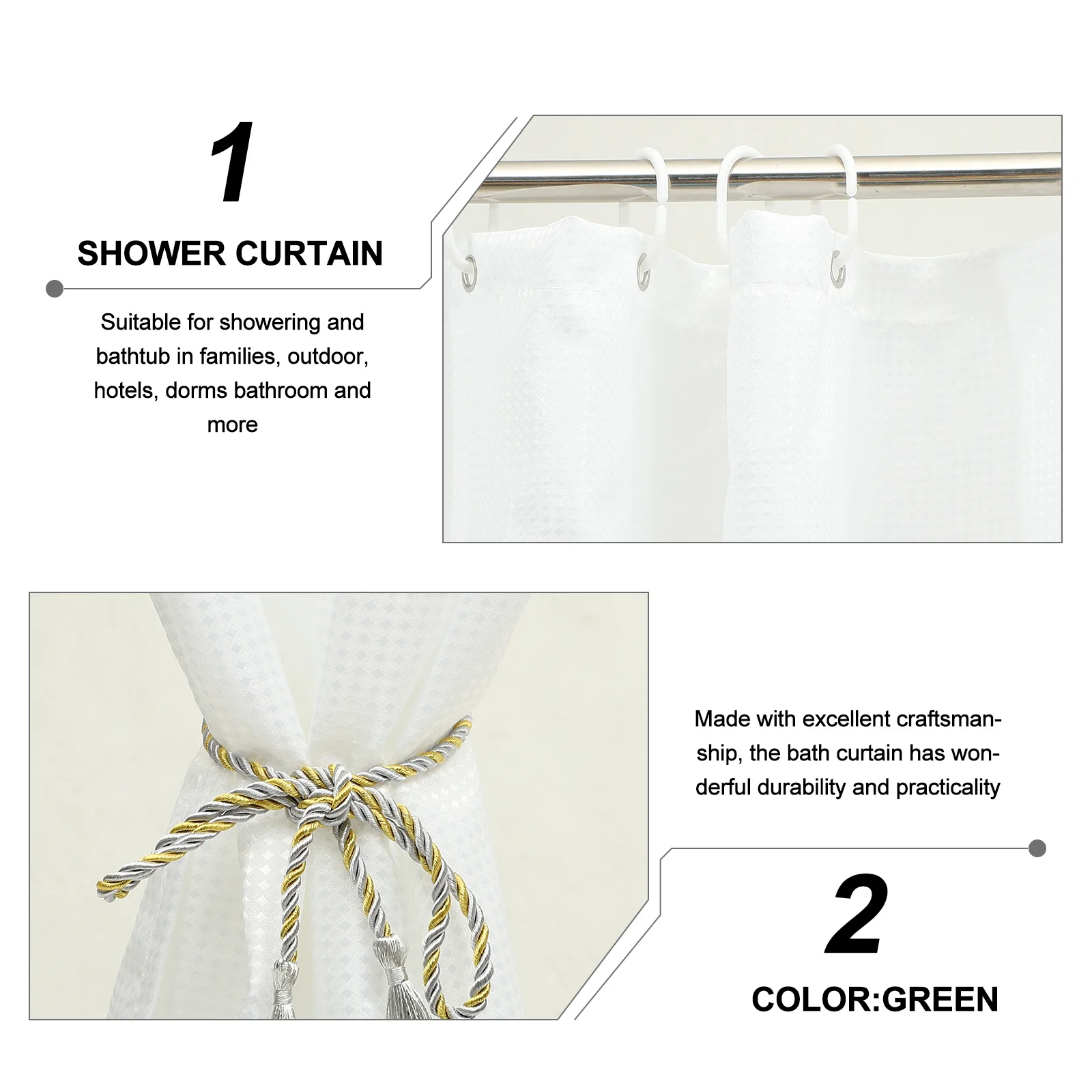

1 set 1 Set Of Waffle Weave Bath Curtain Solid Color Polyester Waterproof Shower Curtain For Bathroom Hotel Home Washable Large