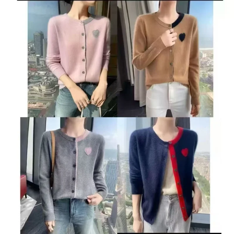 Cárdigan de punto bordado con cuello redondo y bloques de Color para mujer, nuevo estilo, moda holgada, moda perezosa