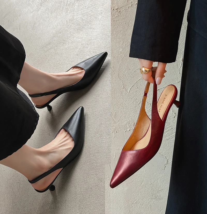 EAGSITY 2025 New design 100% cow leather slingback women's shoes pointed toe pumps high heels office lady shoes wedding party