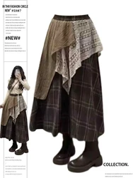 Women Vintage 2000s Aesthetic Midi Irregular Spliced Plaid Skirt A-line Cottage Core Elastic High Waist Harajuku Fashion Design