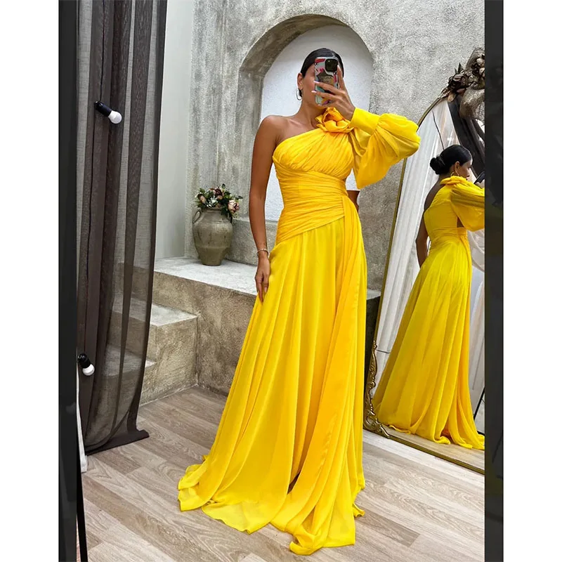 

Elegant A-Line Long Sleeve One Shoulder Chiffon Evening Dresses Robe De Soiree Floor Length Formal Party Gowns for Women