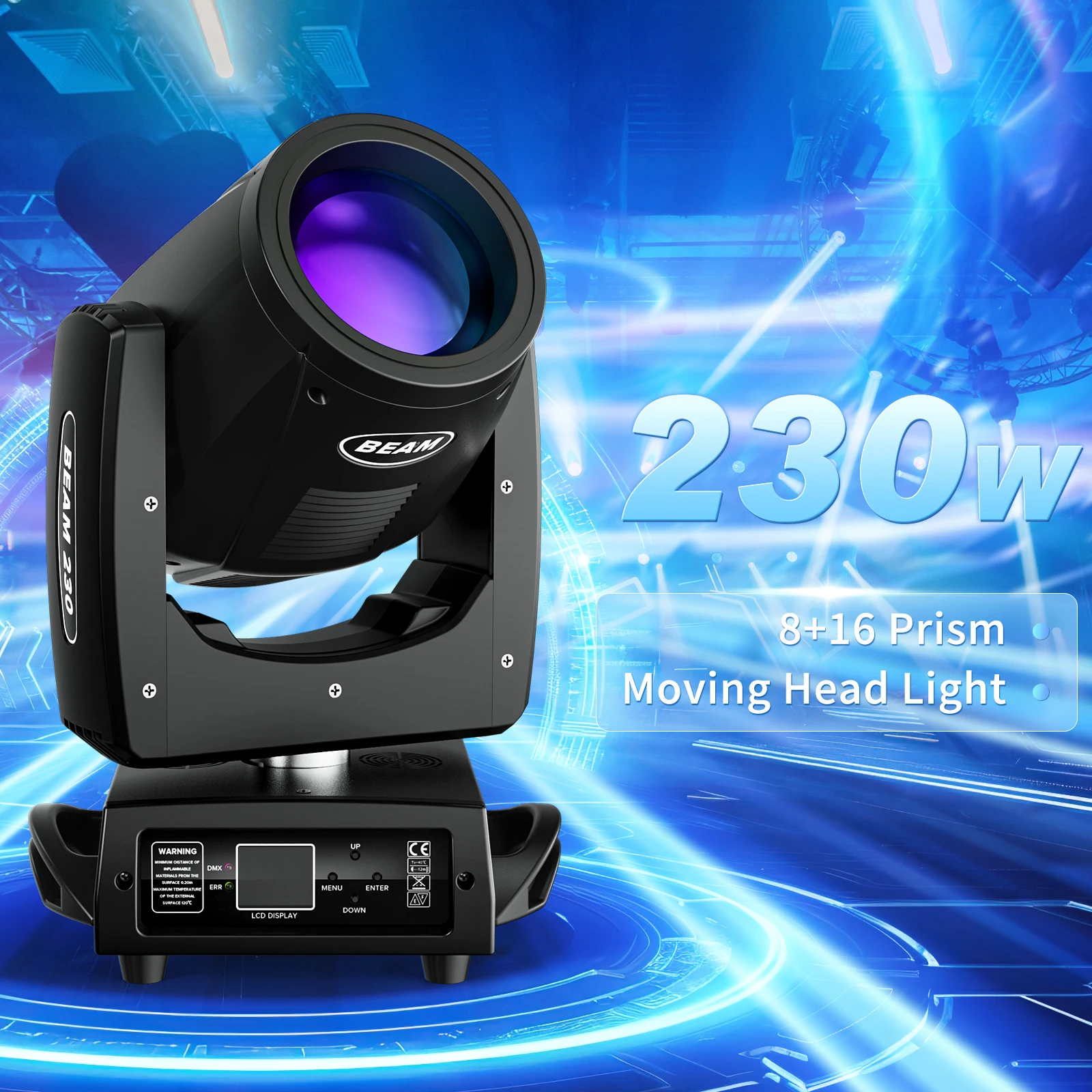 Fieryzeal 230W 7R Beam Moving Head Light Rainbow Effect DMX512 Control Stage Lighting 24 Prism RGB Moving Head for DJ Show Disco