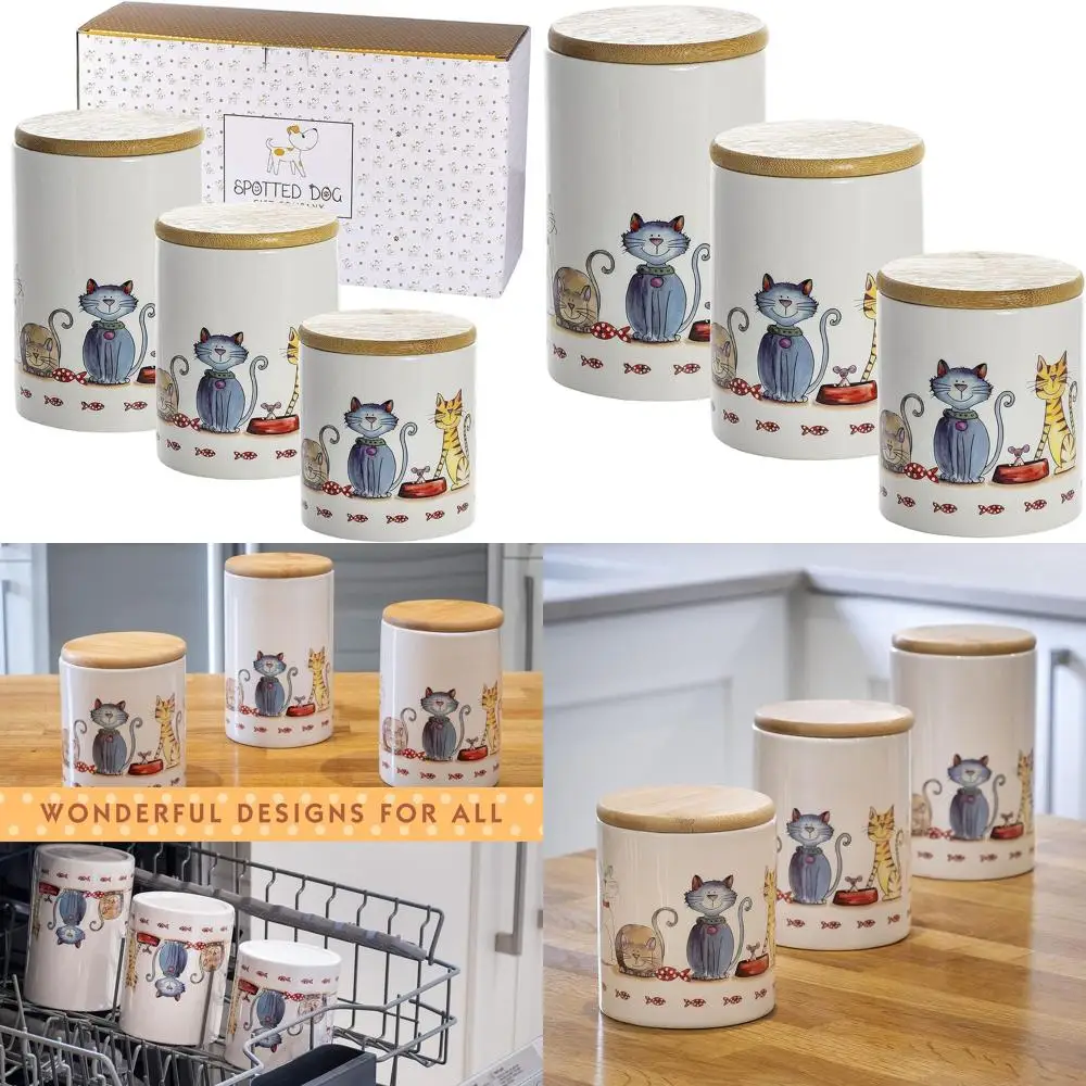 

3-Piece Ceramic Airtight Containers for Kitchen Countertop, Perfect for Coffee, Tea, Sugar, and Cat Lovers' Gift