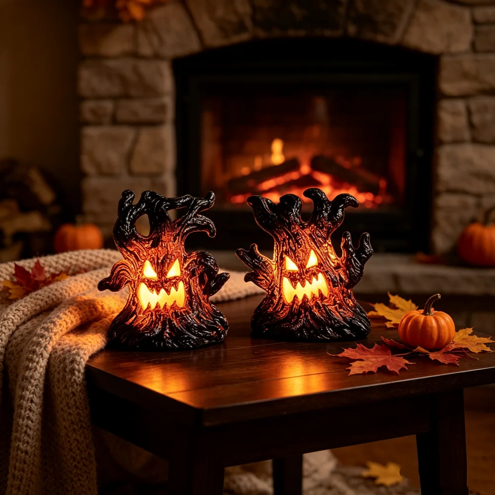 4pcs Halloween Tree Light Decoration Mini LED Ghost Tree Stump Ornament for Home Party Table Haunted House Escape Room Decor