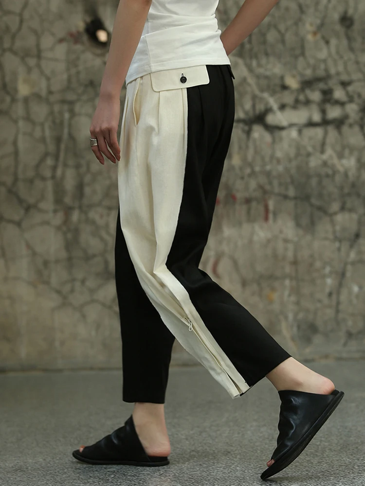 [EAM] High Waist Black Color-block Drawstring Long Pants New Loose Fit Trousers Women Fashion Tide Spring Autumn 2024 1DF7980