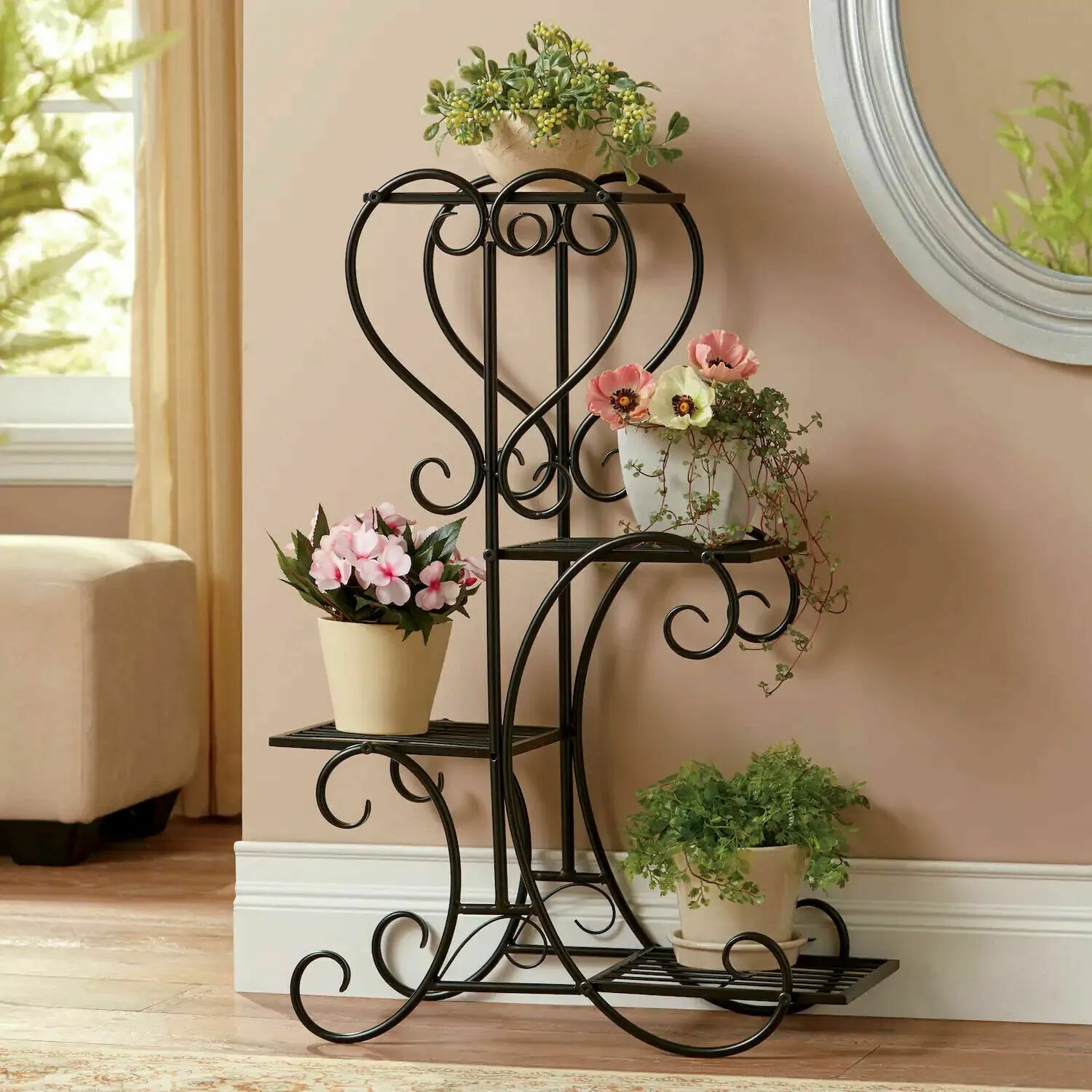 

4 Pots Wrought Iron Rustproof Plant Stand Shelf Elegant Art Flower Pots Holder Display Rack for Balcony Backyard