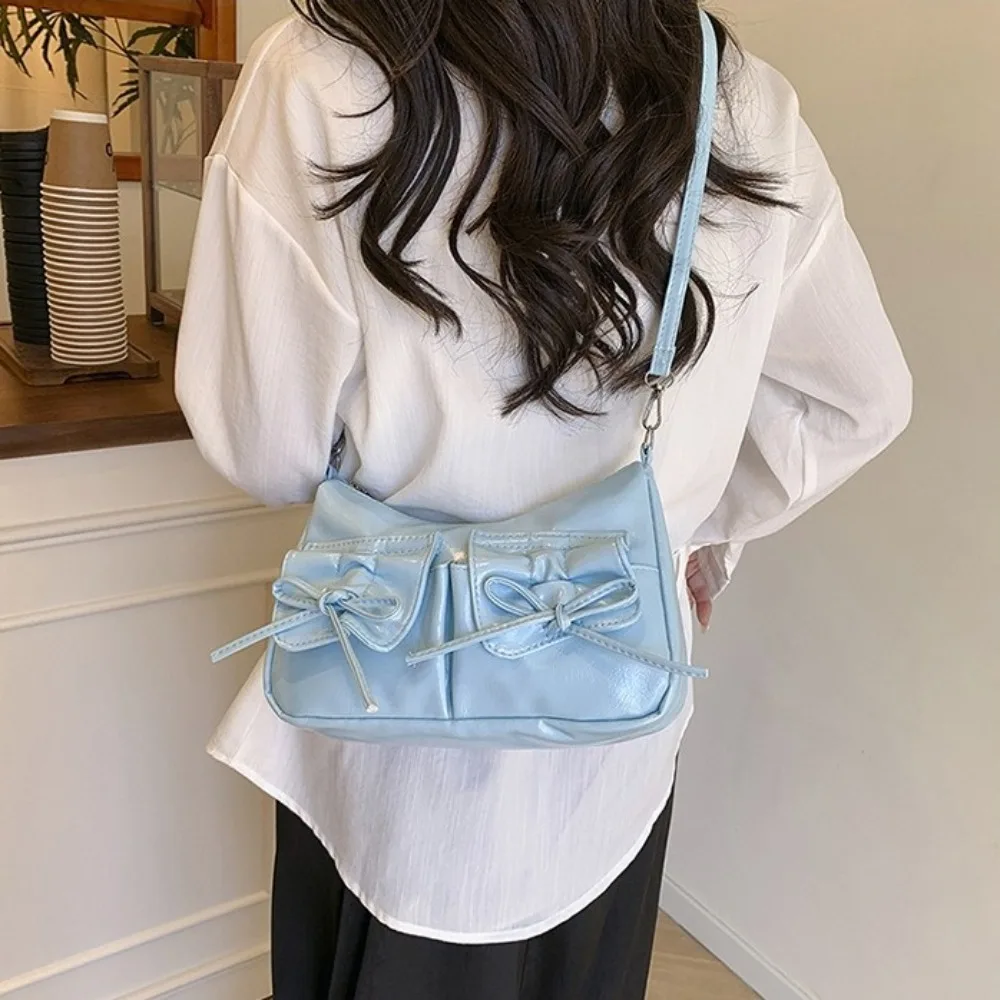 

Portable Korean Style Bowknot Crossbody Bag Pleated Solid Color Y2k Shoulder Bag Drawstring Strap Ruched Pu Dumpling Bag Travel