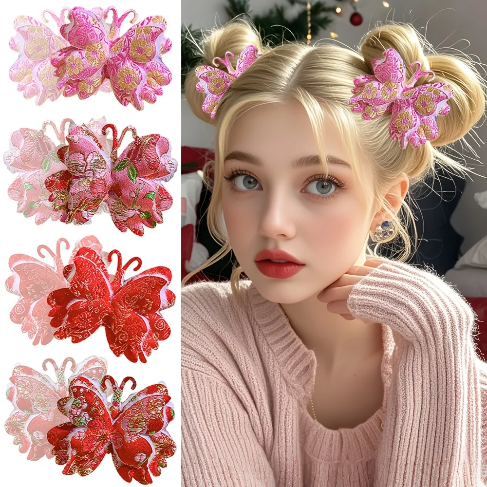 2/4/8 piezas de horquillas y accesorios festivos para el cabello con mariposas de felpa bordadas multicolores, adecuadas para niñas