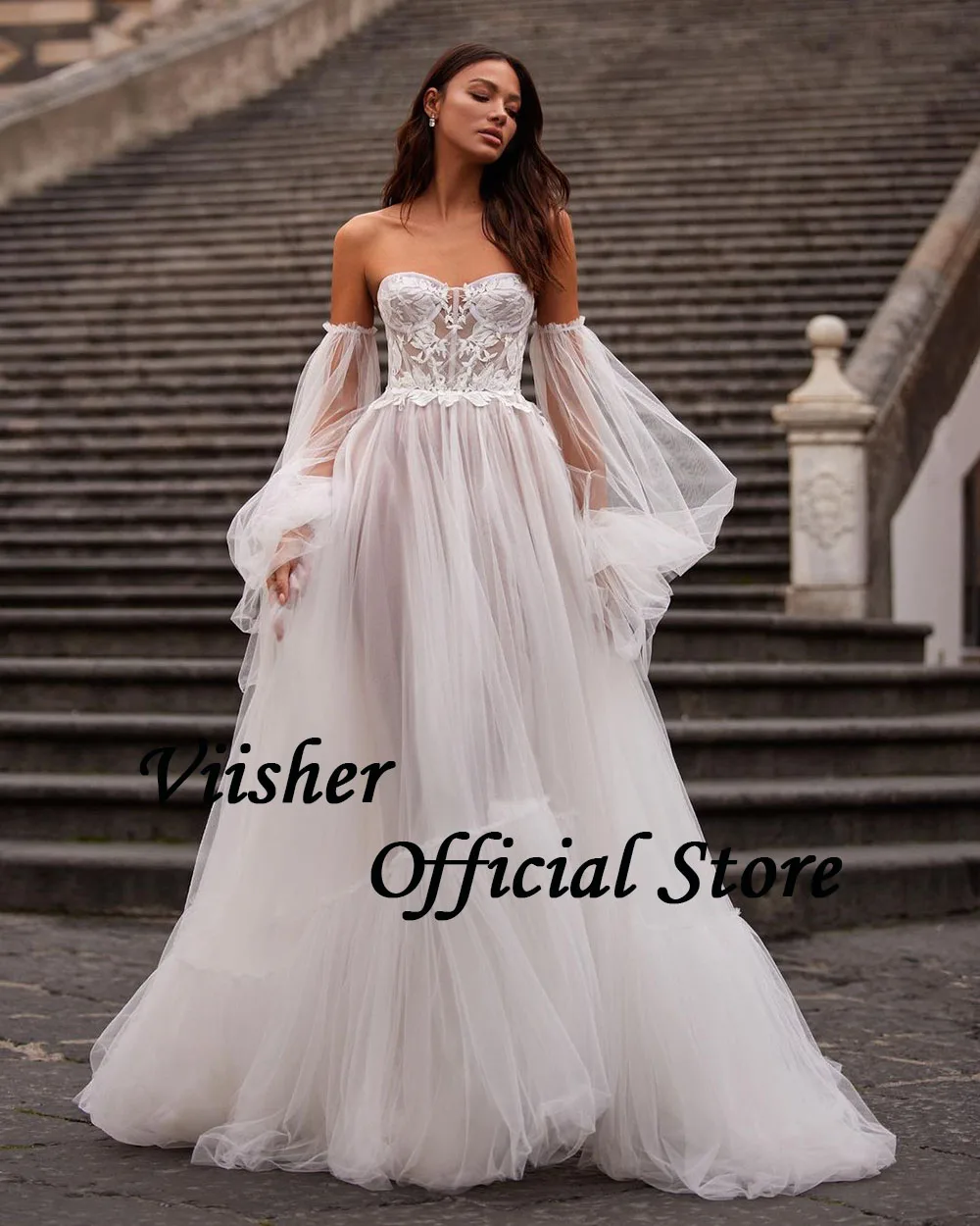 Visher weiße Spitze Tüll eine Linie Brautkleider Applikationen Knochen Korsett Schatz Braut Kleid Puff Ärmel Hochzeit Brautkleider