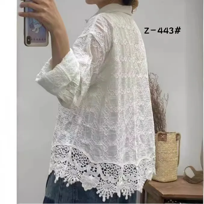 New Summer Cotton Long Sleeve Shirts Woman Lapel Embroidery LaceTop Mori Girl Casual Loose Fashion Blouses 2024 Autumn T474107QM