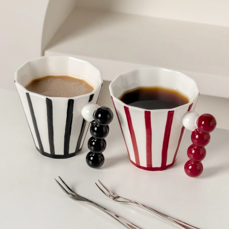 Red/black Striped Ceramic Cup, Handle Latte Coffee Cup, Couple Drink Cup, Breakfast Cup