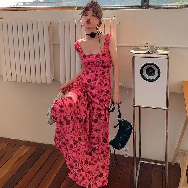 

Square Collar With Bare Back Elegant Print Long Dress Ladies Sexy Backless Dress Summer Birthday Club Party Evening Sundress