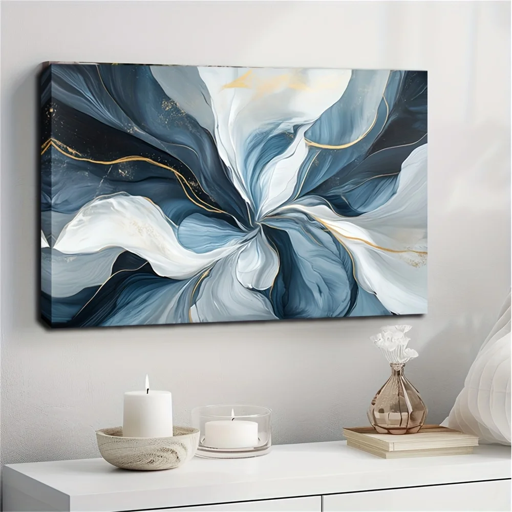 1 piece of modern abstract watercolor canvas art - 24x36 inch modern decorative frame with swirls of blue, white and gold