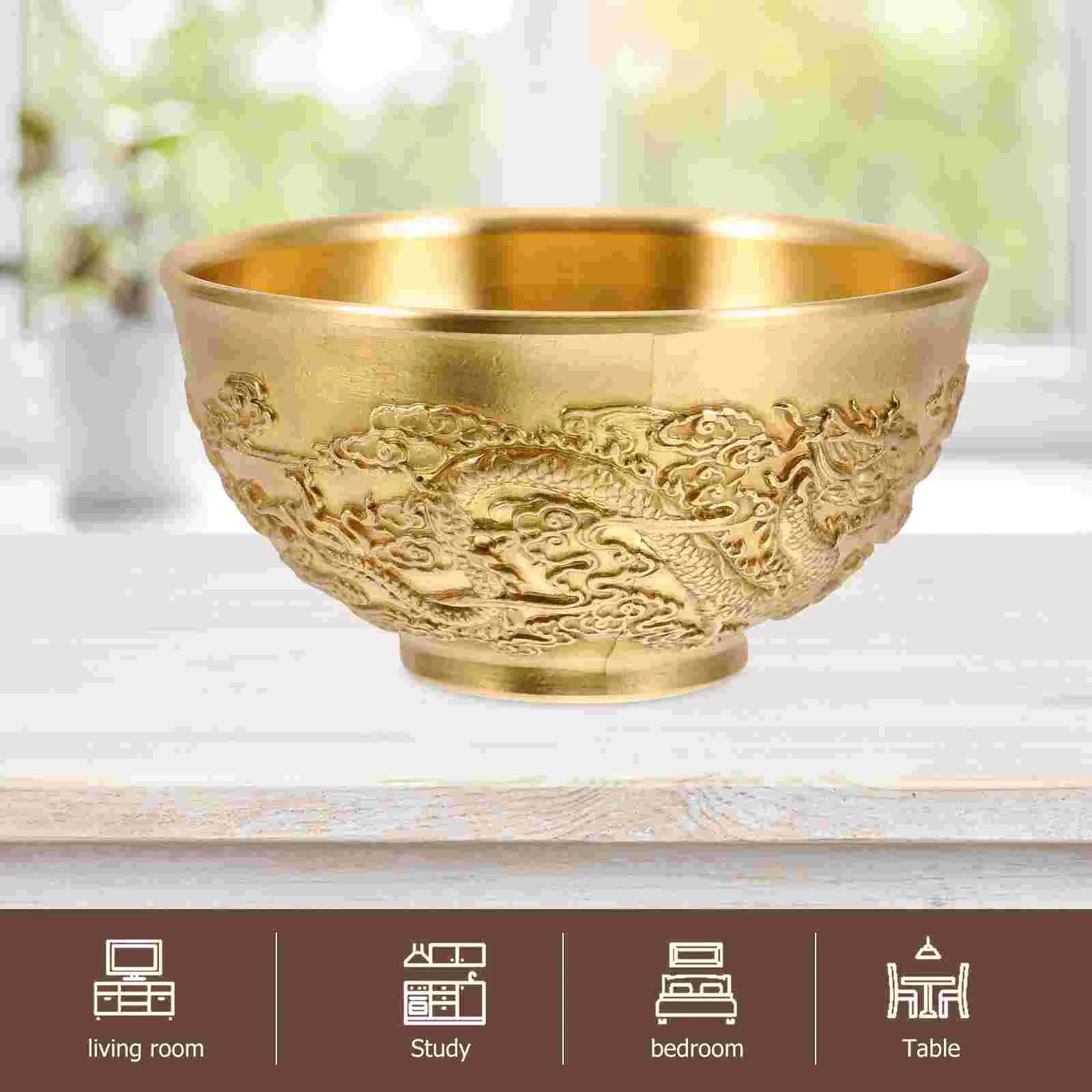 Feng Shui Sculpture Lucky Double Dragon Bowl Gold Decor Home Desktop Decoration