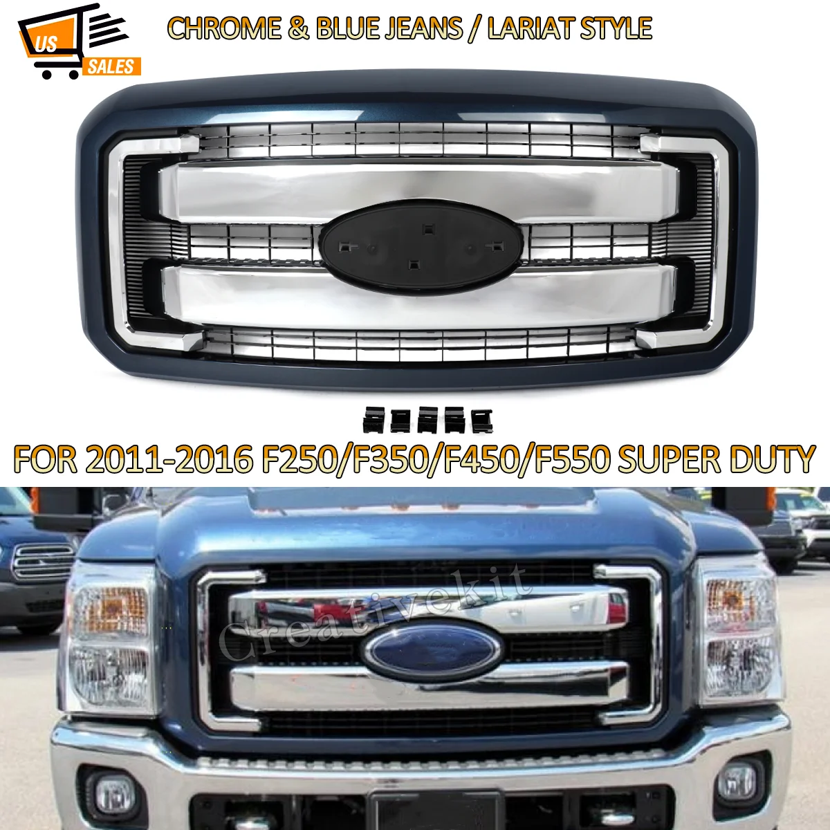 For Ford F250 Grill F350 F450 F550 Super Duty 2011 2012 2013 2014 2015 2016 Lariat Style Bumper Grille Blue Jeans N1 Magickit