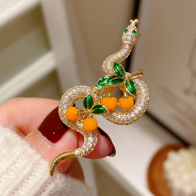 2025 Chinese Zodiac Snake Year Persimmon Brooches For Women Men Zircon Corsage High-end Simple Jacket Clothing Accessories Pin