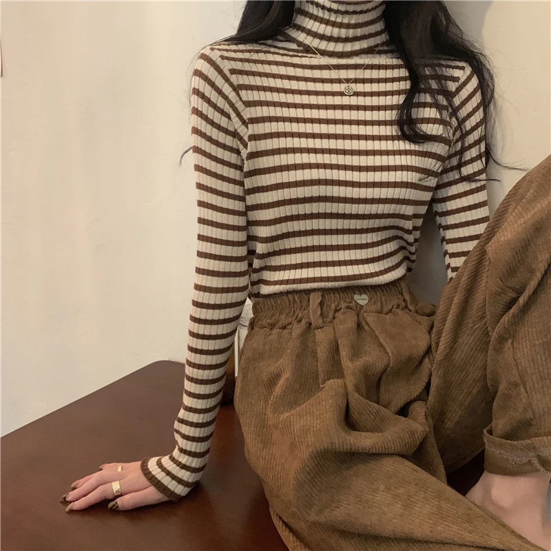 Korean Style Women's Contrast Stripe Pullover Xmas Chic Turtleneck Slim Elastic Tops Spring Lady Bottoming Shirt Streetwear