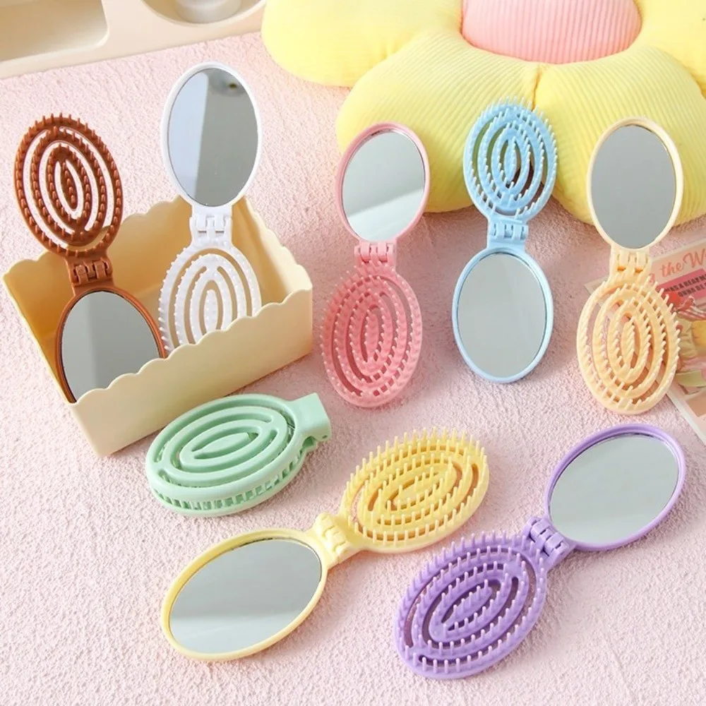 Portable Mini Folding Hair Comb with Mirror Detangling Foldable Hair Brush Scalp Massage Hollow Air Cushion Comb or Girls